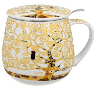 DUO ART GALLERY Becher 430 ml mit Teesieb TREE OF LIFE ECRU inspired by Gustav Klimt New Bone China Porzellan