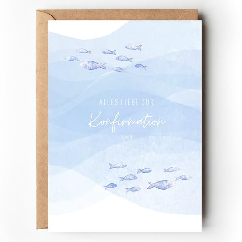 Glückwunschkarte zur Konfirmation mit Fischen modern, Konfirmationskarte für Jungen und Mädchen minimalistisch, A6 Karte mit Umschlag für Geld Geschenk Konfirmand (1 Karte mit Umschlag)