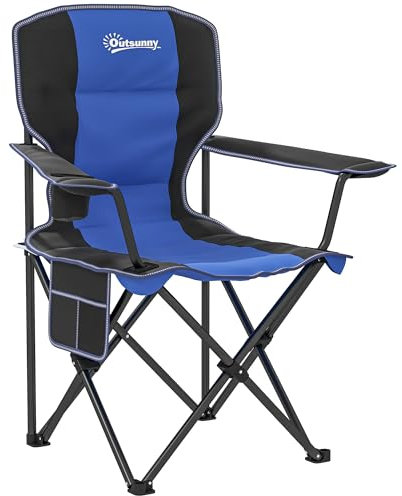 Outsunny Sedia da Campeggio Pieghevole con Tasca e Portabicchieri, Sedia da Giardino in Tessuto Oxford e Metallo, Portata Fino a 120 kg, 94x62x110 cm, Blu
