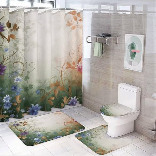 peiyeety 4-teiliges Duschvorhang-Set für Badezimmer, mit 12 Haken, Badematte, Toilettendeckel, Blumenwirbel, Efeu-Dekor-Set