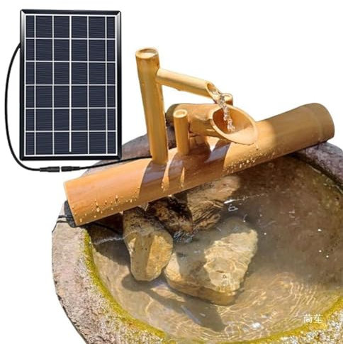 Fontaine Solaire en Bambou, Fontaine de Jardin Zen en Bambou avec Pompe à Eau, Fontaine à Eau Feng Shui en Bambou, décoration de Jardin extérieur, pelouse, Paysage(35cm)
