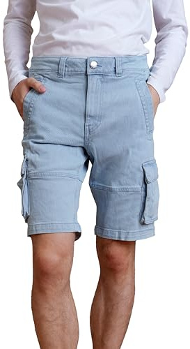 Enorsia Mens Light Blue Denim Cargo Shorts Stretch Vintage Wash Jean Shorts with Multiple Pockets, Button & Zip Fly, Belt Loops Casual Summer Workwear Denim Shorts