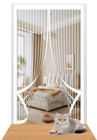 Zanzariera Magnetica 92 x 200 cm Nessun Attrezzo Richiesto Zanzariera con Magneti Facile da Installare per Porte da Balcone/Cantine/Terrazze, Bianco