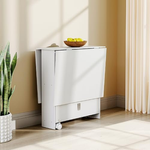 Warmiehomy Wooden Folding Dining Table Foldable Mobile Drop Leaf Dinner Table on Wheels with Storage Shelves for Apartment Kitchen Dining Room, Space Saving, White