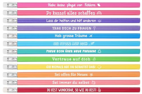 MEJOSER 12 Stück Bleistifte Kinder Inspirierende Sprüche Bleistift mit Radiergummi 1. Klasse Adventskalender Kinder Einschulung Geschenke Schule Schultüte Füllung Abschiedsgeschenk Kindergarten