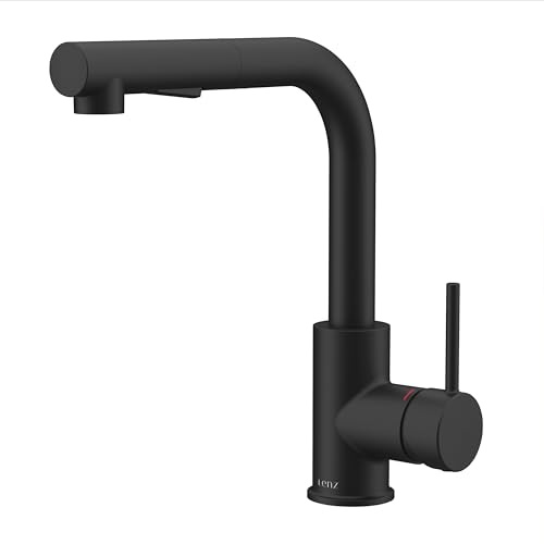Lenz Küchenarmatur OLINA FLEX Schwarz-matt – Herausziehbare Geschirrbrause | 2 Strahlarten, Kaltstart-Funktion, Pflegeleichte Oberfläche, Schnellbefestigung, Nickelfreie Wasserwege, 46071151