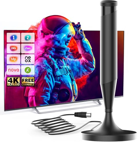 Antena TV Interior - Magnética 360° Recepción Señal Estable Compatible con Todos los Televisores Soporta 4K 1080P Digital – Aparato Smart para Televisión Portátil – Cable Coaxial 5m