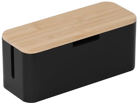 Relaxdays Kabelbox für Steckdosenleiste, Bambus, Deckel, Natur/schwarz | 14,5x34x13,5 cm, Kabel verstecken, Steckdosenbox