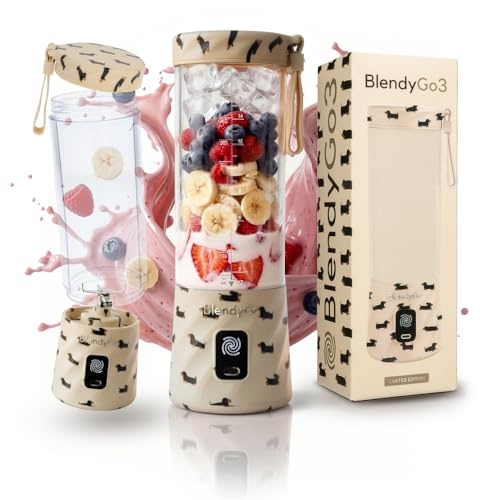 BlendyGo 3 Tragbarer Mixer, Blender, Mini Standmixer, 550 ml, Smoothie maker, Mixer smoothie maker to go, kabellos, zerkleinert Eis und Obst, BPA-freie, PulseMotion & BlendPro (Happy Puppy)