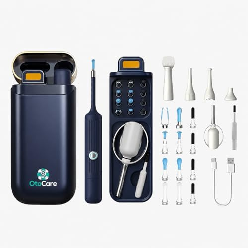 OtoCare Ear Cleaning Kit with Camera – Rechargeable Personal Care Ear Cleaner with LED Light and Silicone Tips (Blue)