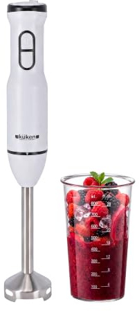 KUKEN Batidora De Mano 750W Inox Con Vaso Medidor 800Ml, Minipimer Turbo Con Regulador De Velocidad, Batidora Brazo Desmontable De Acero Inoxidable Para Triturar, Mezclar Y Picar Hielo