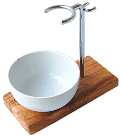 D.O.M. Porte-blaireau classique en bois d'olivier avec un bol en porcelaine incliné de 8,5 cm.