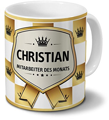 printplanet Tasse mit Namen Christian - Motiv Mitarbeiter des Monats - Namenstasse, Kaffeebecher, Mug, Becher, Kaffeetasse - Farbe Weiß