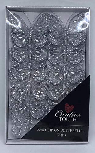 Set of 6 Silver 8cm Diamante Glitter Mesh Jewelled Butterfly 3D Decorative Butterflies Wedding Home Party Event Craft Embellishment Festive Stylish Xmas Tree Christmas Decoration Curtain Clip On
