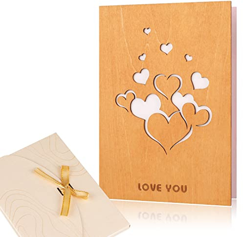 Creawoo Handmade Wood Love Greeting Card with Card Box, Natural Wooden Love You Card, Perfect Valentines Day, Anniversary, Birthday Gift Cards for Her, Him, Wife, Husband