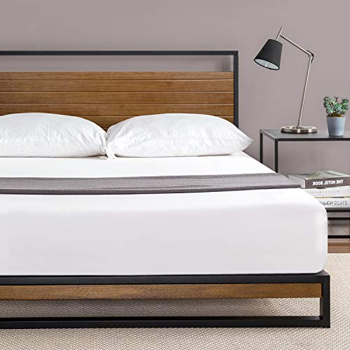 Zinus Suzanne Bed 160x190 cm - Altezza rete 18 cm - Struttura letto a piattaforma in metallo e legno con testata e supporto a doghe in legno - Marrone e nero