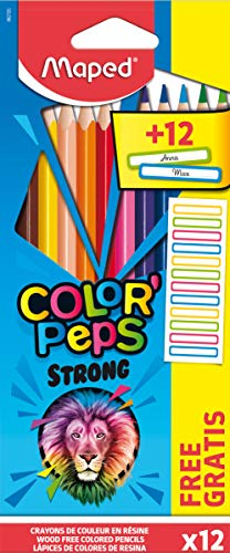 Maped - Pinturas de Madera - Estuche Strong - 12 Lápices de Colores y 12 Etiquetas para Poner el Nombre - Ideal para Llevar a Clase - Colores Vibrantes