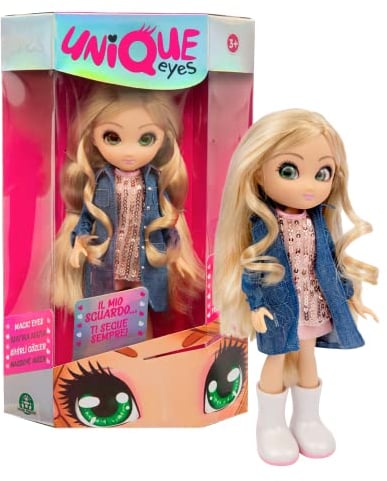 UNIQUE EYES - Muñeca Amy, Fashion Doll, Ojos Que te siguen de Color Verdes, Vestida con un Estilo de Ropa Moderno, Tiene el Pelo Rubio y Largo, Desde 3 años, 3 Modelos Diferentes, Famosa (MYM00100)