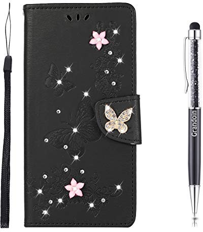 Grandoin Kompatibel mit Samsung Galaxy A52 5G Hülle, Bling Glitzer Glitter Schmetterling Handyhülle im Brieftasche-Stil Handytasche PU Leder Flip Cover Case Schutzhülle Etui (Schwarz)
