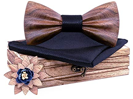 HZQIFEI Set mit Fliege aus Holz, Fliege aus Holz mit quadratischem Stoff und Holzbrosche für Geschenk, Empfang, Hochzeit, C4., One size