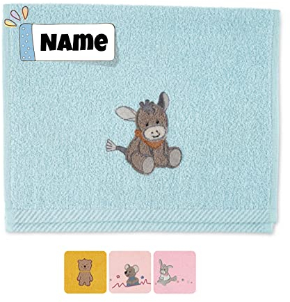 Sterntaler Seiftuch | Baby Sterntaler Handtuch personalisiert | 30 x 50 cm | Kinderhandtuch mit Name | Babyhandtuch mit Namen | Bestickt mit Name | Baby Erstausstattung (Emmi Esel hellblau)