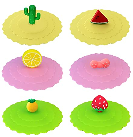 GOODIZ 6-Pack Anti-Dust Super Suction Cup Cover Bundle Silicone Food-Grade Lid Cap Reusable For Cup Glass Mug Summer Drinks Fun Designs Keep Your Coffee Drinks Hot Or Cold For Longer