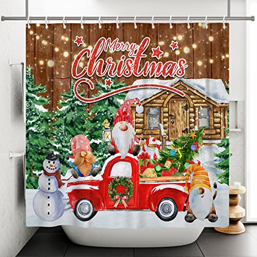 Bovlleetd 180x180cm Weihnachtsduschvorhang Roter LKW mit Geschenken Bunte GNOME Duschvorh盲nge Aquarell Schneemann Holzhaus Baum Badezimmerdekoration Wasserdichter Badewannenvorhang