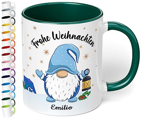 True Statements Weihnachtstasse mit Namen personalisiert „Frohe Weihnachten Wunschname“ - 330ml Keramik Kaffeebecher mit Wichtel-Motiv und Spruch – Geschenk zu Weihnachten (Dunkelgrün)