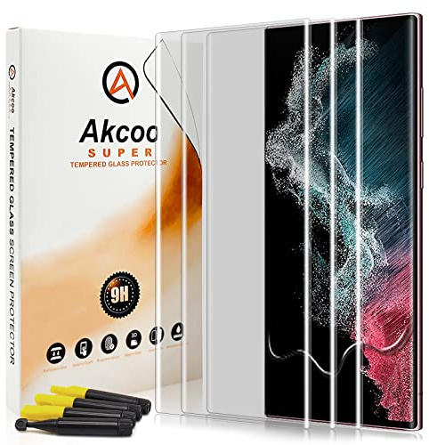 Akcoo Schutzglas für Galaxy S22 Ultra,UV-Kleber-Set [3 Stück],Rand zu Rand Vollabdeckung,9H Härte kratzfest,Fingerabdruck-ID kompatibel,Empfindliche Berührung