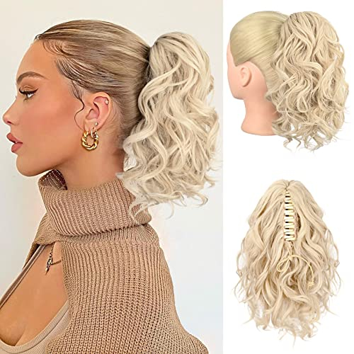 REECHO Ponytail Extension, Haarklammer in Pferdeschwanzverlängerung kurzer lockiger Pferdeschwanz Haarverlängerungen natürlich gewelltes Pferdeschwanz Haarteil für Frauen – kühles Blond
