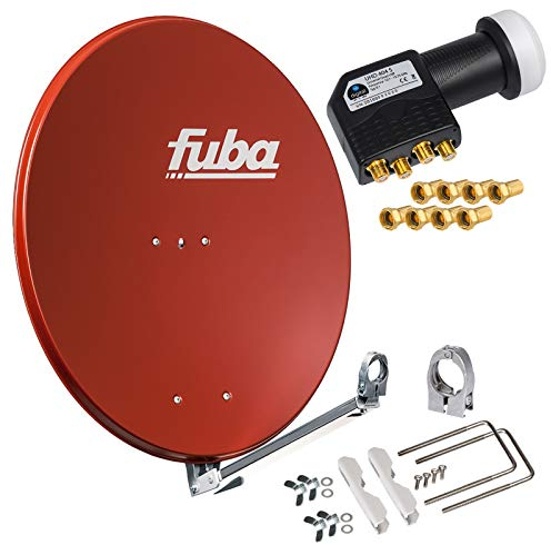 HB-DIGITAL hb-digita & Fuba 80cm Satellitenantenne DAL 800R rot Aluminium Schüssel Reflektor Spiegel Klapparm Quad LNB 4 Teilnehmer UHD schwarz + vergoldete F-Stecker