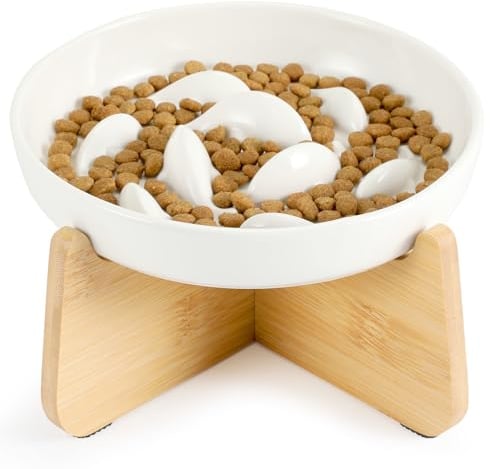 PETTOM Gamelle Anti Glouton Chat Céramique avec Bambou Support, Anti Vomissements Gamelle pour Chat Manger Lentement pour Wet/Dry Food (Blanc)