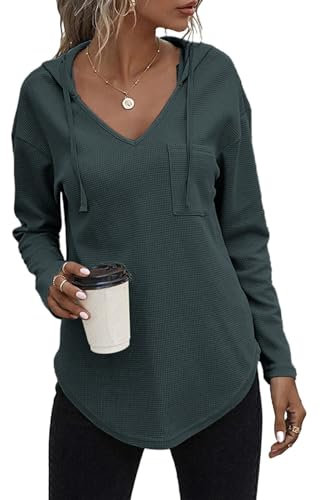 Cuptacc Damen Strickpullover Hoodie Sweatshirt Damen Langarmshirt Pullover Sweatshirt Dunkelgrün S