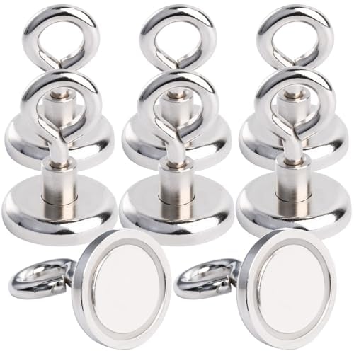 MIN CI 8 Stück Magnethaken Extra Stark, 32mm Neodym Magnete Haken Zugkraft 36kg(79lbs) Ösenmagnet Magnet mit Haken Magnethalterung Rund Magnet Magnetische Haken für Camping Garage Küche Büro