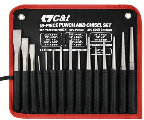 C&T 16-Piece Punch and Chisel Set with Storage Pouch, Including Taper, Cold Chisels, Pin, Center, Chrome Vanadium Steel
