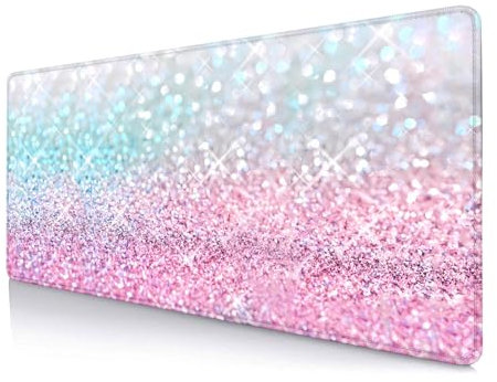 HUOCAIREN Gradient Glitter Large Mouse Pad, Pink Blue Sparkle Cute Desk Mat, Non-Slip Laptop Accessories for Gamer Home Office, 31.5x11.8 in