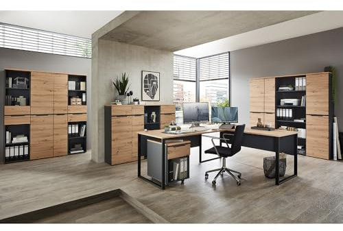 Lomadox Büromöbel Set 11-teilig mit Winkelschreibtisch, 6 Büroschränke 197cm hoch, 3 Büroschränke 122cm hoch, 1 Rollcontainer in Graphit und Eiche