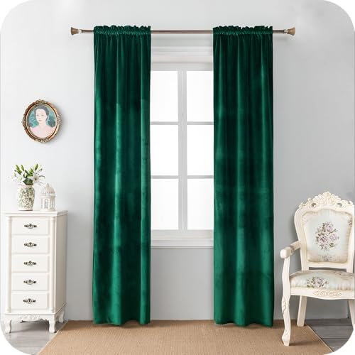 GIRASOLE HOME Paire de rideaux Adélaïde doux occultants thermiques en velours 2 panneaux de 55 x 220 cm avec poche, vert