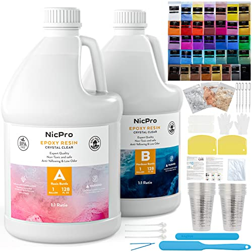 Nicpro 7680 ml/256 oz Kristallklares Epoxidharz Set, Harz Gießen Set für Basteltischplatten, Schmuckherstellung, Formen, Kunstmalerei mit 36 Glimmerpulver, Messbechern und mehr