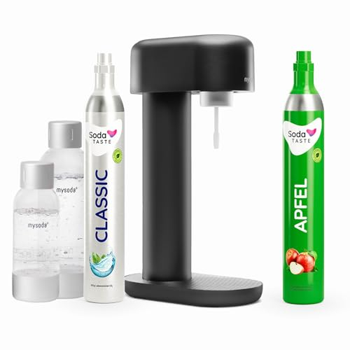 Sparpaket: Mysoda Ruby - Wassersprudler aus Aluminium mit 1L und 0,5L BPA-freier Plastikflasche, CO2-Zylinder Classic + CO2-Zylinder Apfel (Schwarz)