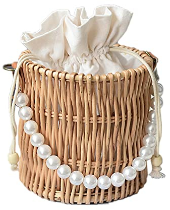 RXMORI Bolso de Playa de Mimbre para Mujer, Bolso Tejido a Mano con Perlas, Bolso de Cesta de Perlas, Bolso de Paja de Verano Retro, Bolso de Perlas, Bolso Tejido de Ratán, Cesta Tejida con(#3)