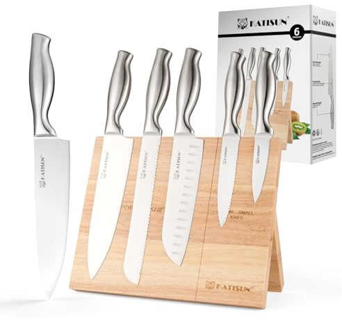 KATISUN Messerset, Messerblockset 6 Stück, Japanischer Stahl 420j2 Messerset mit polierten Griffen für Komfort und Haltbarkeit,Küchenmesser Knife Holder mit Starkem Magnet,Rutschfest