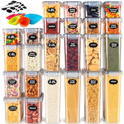 Cinnani Boite de Rangement Cuisine Lot de 24, Sans BPA Bocaux Hermetiques Alimentaires en Plastique Scellée avec Couvercle, pour Céréales,Pâtes,Farine,Sucre etc, avec étiquette, Cuillère Doseuse