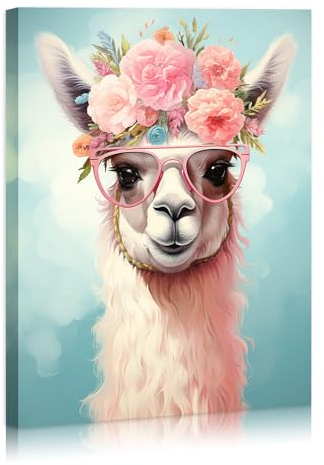 Niedliche Alpaka-Wandkunst, abstrakte Wandkunst, rosa Rosen, Bilder für Wohnzimmer, Schlafzimmer, Badezimmer, Kinderzimmer, gerahmt, Heimdekoration, Neujahrsgeschenk, fertig zum Aufhängen, 30,5 x 40,6