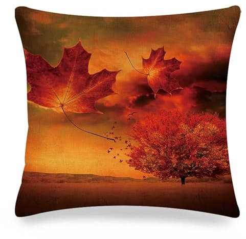 Kissenhülle Modern, Dekokissen 50X50 cm Herbstlaub-Baummuster Leinen Kissenbezüge Rotbraun 1 Stück für Sofa Bett Wohnzimmer