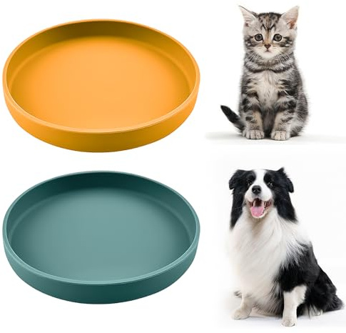 2PCS Silicone Shallow Cat Bowl Flat Cat Bowl Whisker Friendly Cat Food Bowl | Green and Orange Silicone Cat Bowl Anti-slip Cat Food Bowls Dia.18cm, H 2.5cm Shallow Dog Bowl for Dry and Wet Food, Water
