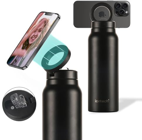 Isolierte Wasserflasche mit magnetischer Handyhalterung, kompatibel mit MagSafe und iPhone, Edelstahl-Wasserflasche für Sport, Reisen, Schule, heiß 12 Stunden kalt, 24 Stunden, 680 ml (schwarz)