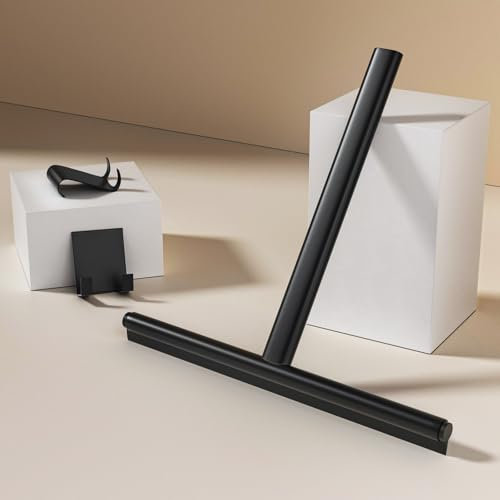 EMKE Duschabzieher Schwarz Silikon 22 cm breit, ohne Bohren, Fensterabzieher, Glasabzieher mit Edelstahl Kern, Duschwischer mit Halterung für Dusche, Spiegel, Fenster, Badezimmer