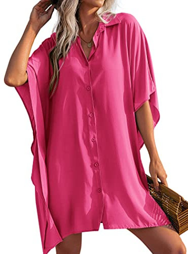 AI'MAGE Robe de Plage en Duvet à Boutons Femme Chemise de Plage Blouse Ete Chemise Tunique Chic Elegant Col V Beach Bikini Cover Up Rose L