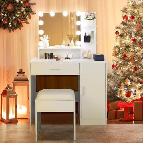 Karl home White Dressing Table with Lighted Mirror and Stool, Modern Vanity Set with Storage Shelves & Light Adjustable Brightness, Makeup Desk with 1 Drawer & 1 Cabinet for Bedroom
